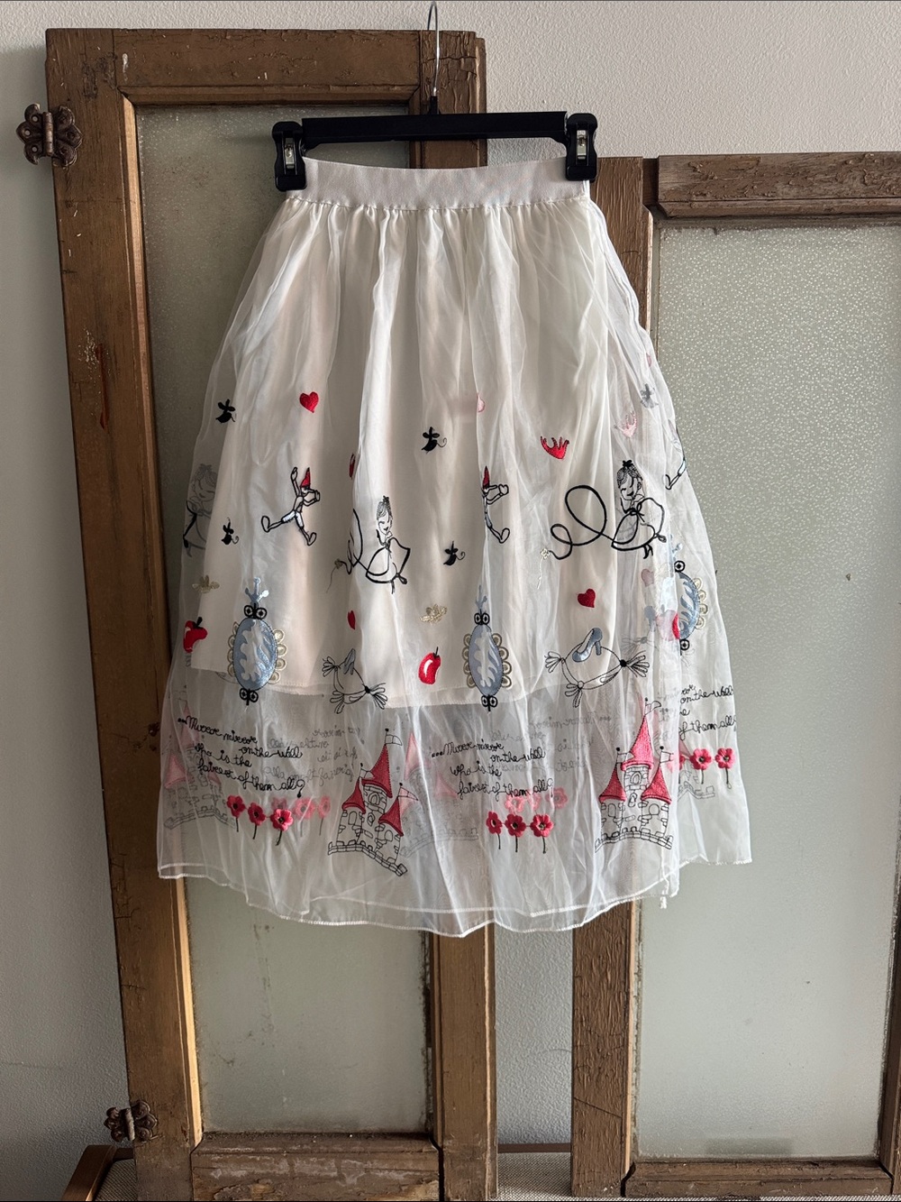 White Embroidered Tulle Midi Skirt with Red and Black Motifs